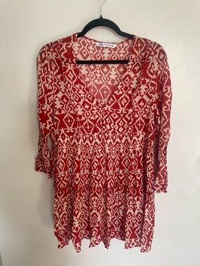 Zara Red and Cream Ikat V-Neck Tunic Dress S